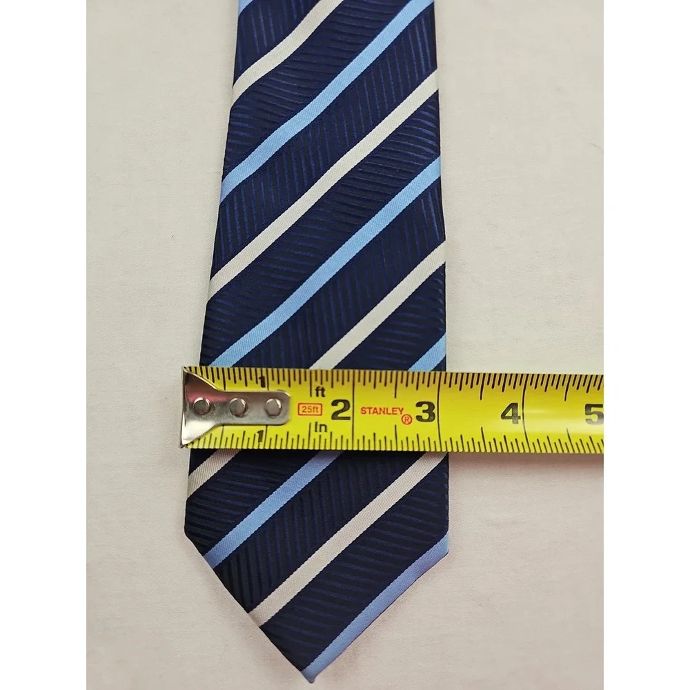 Men's Necktie Tie Classic Striped White Blue 100% Silk Hand Made Office Preppy